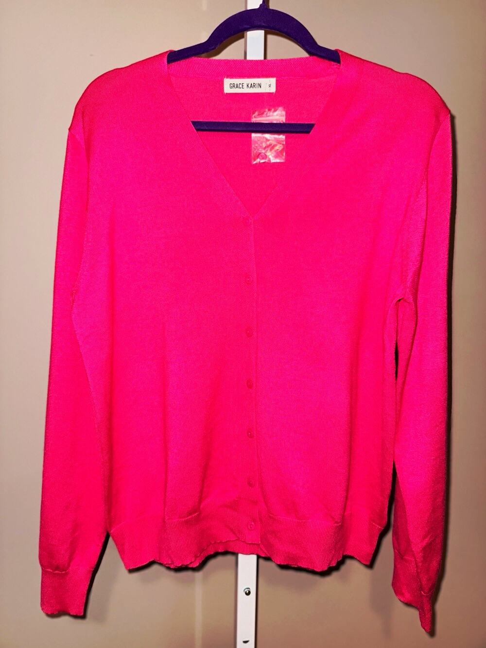 Grace Karin Women's Pink V-Neck Knit Button-Up Long Sleeve Cardigan Sweater XL